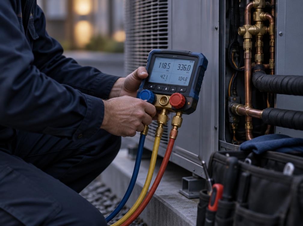 Hands taking a precise reading on HVAC equipment