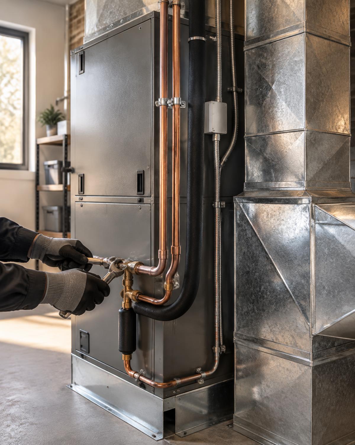 Precisely installed residential HVAC equipment, ductwork, and copper lines