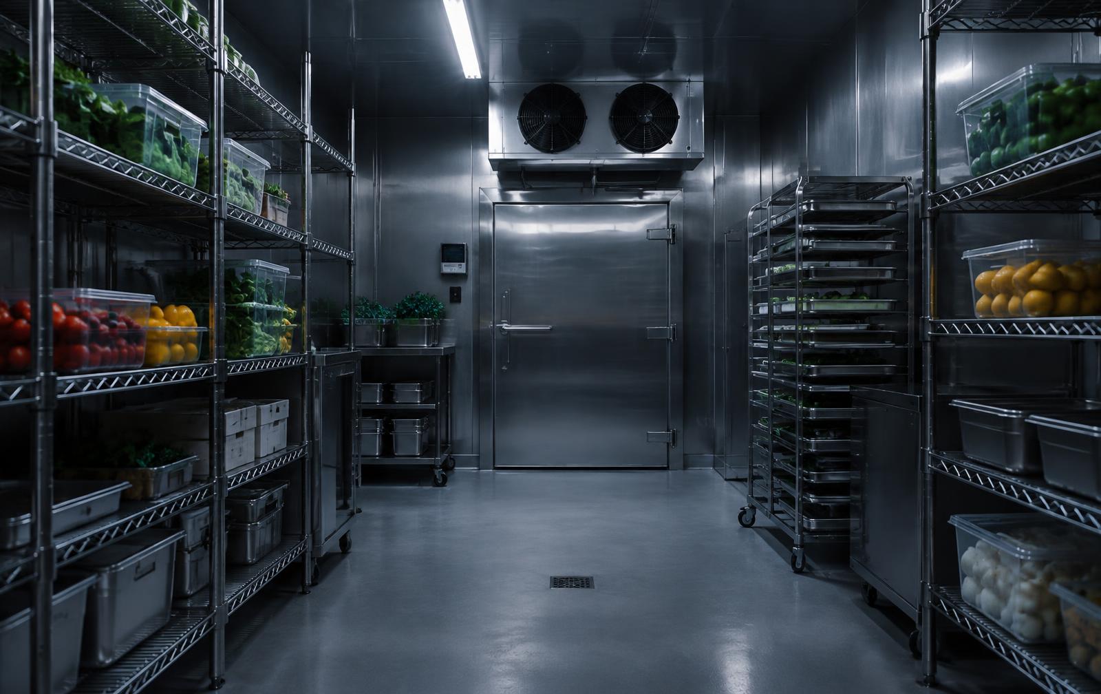 A clean commercial walk-in refrigeration room