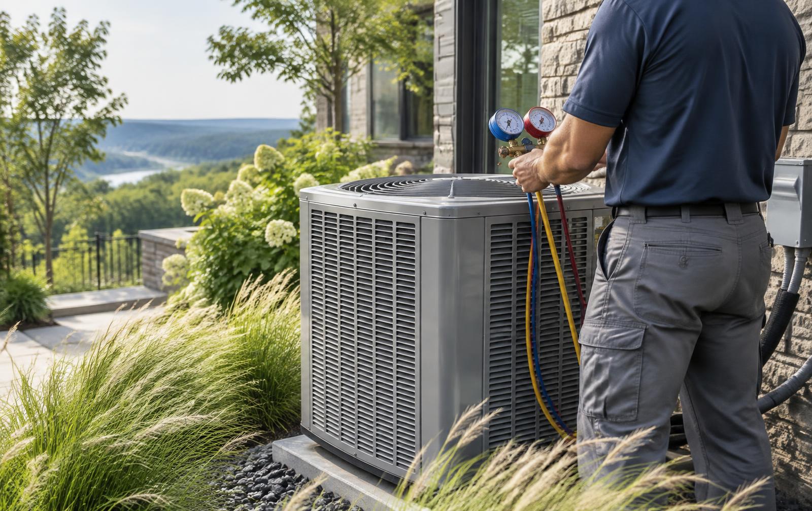 Technician servicing a residential cooling system