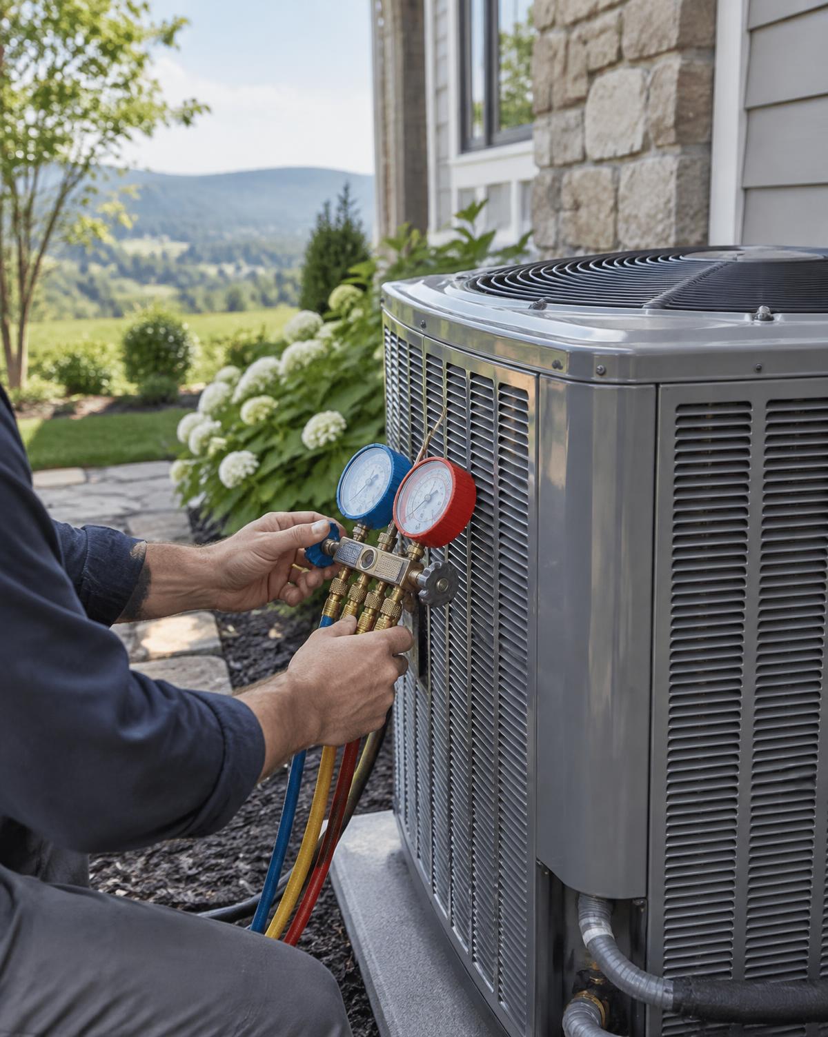 Technician checking gauges on a residential air conditioning condenser