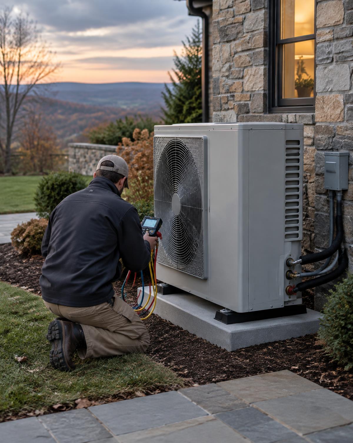 Technician diagnosing a residential heat pump