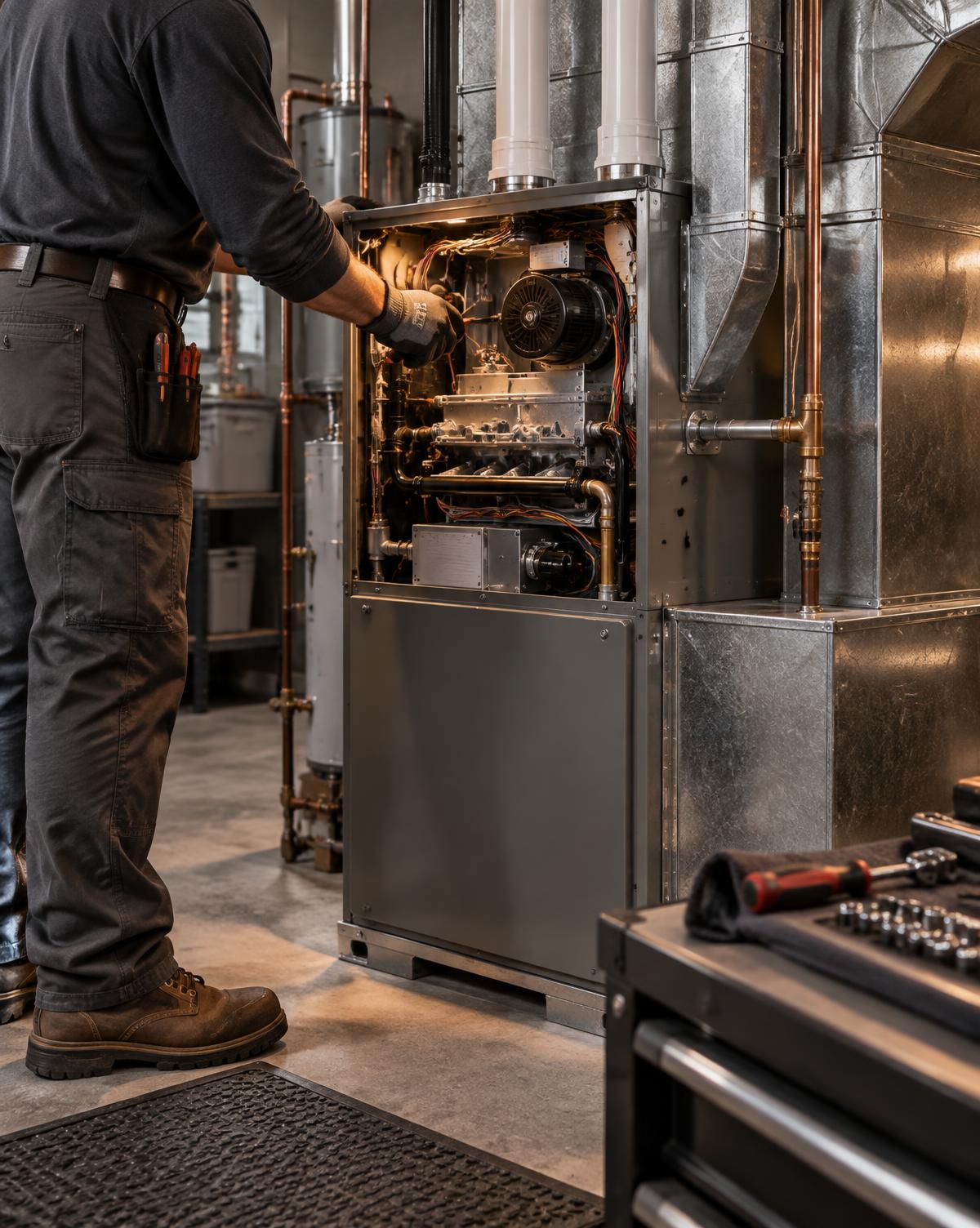 Technician inspecting a residential forced-air furnace