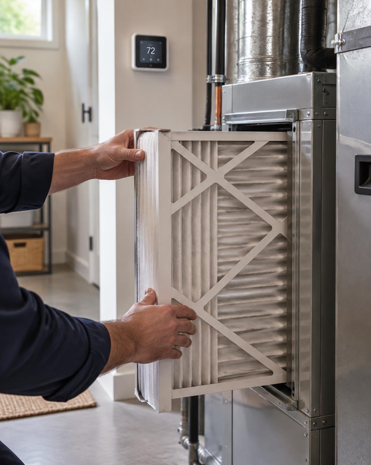Technician replacing a whole-house air cleaner filter