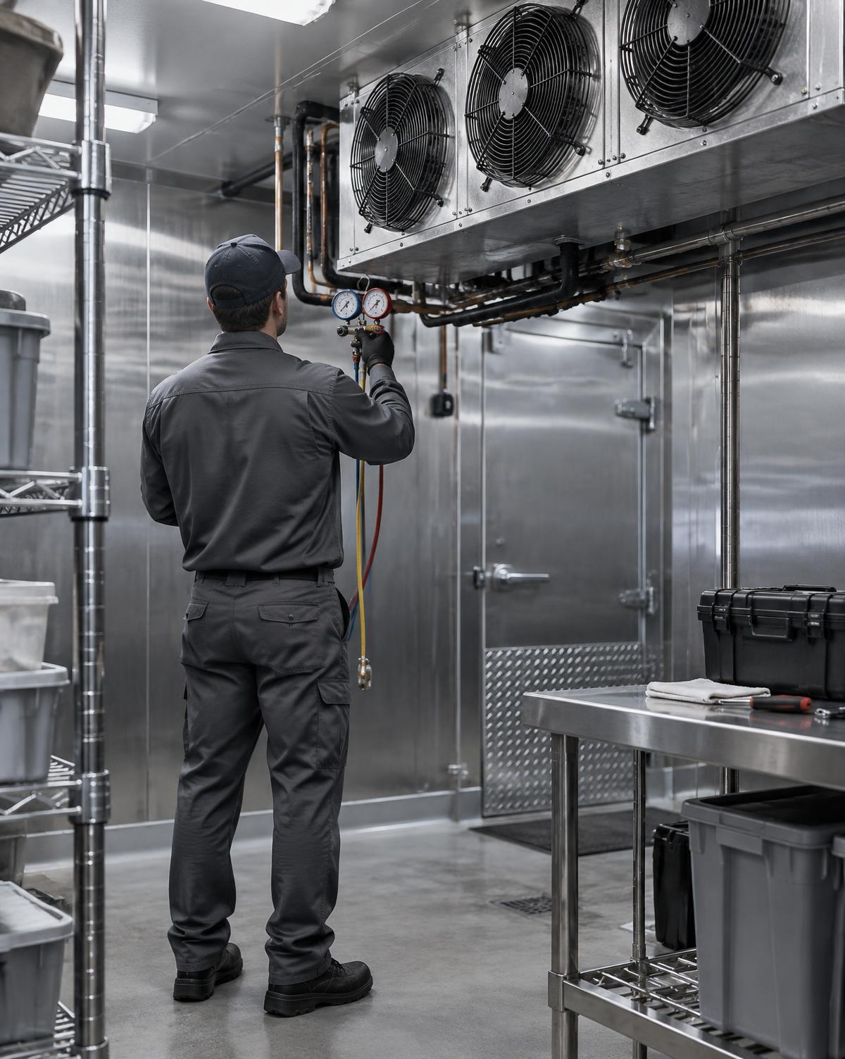 Technician servicing commercial refrigeration equipment